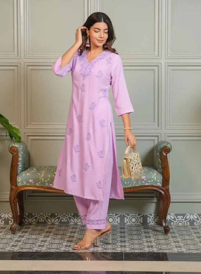 Dw  Women Pink Embroidered Straight Kurta and Trousers Co-Ords for Women | Best Price UAE